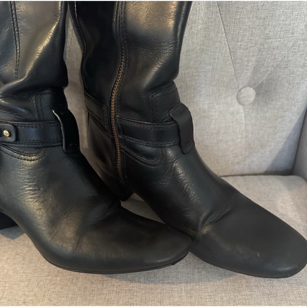 Tory Burch Donavan Riding Boots Black Leather Gold Logo Harness Knee High 7.5 - Picture 3 of 16